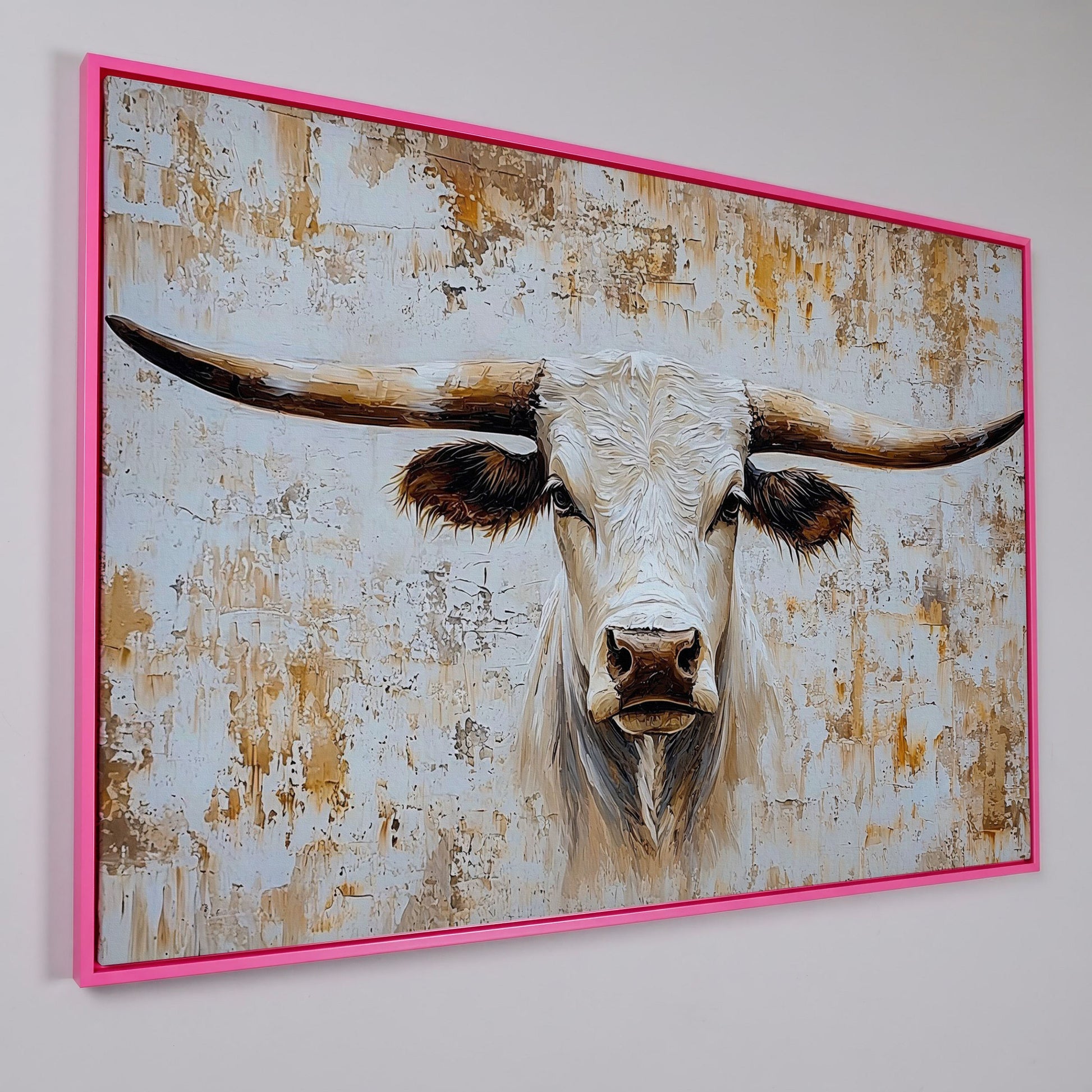 White Longhorn Bull Close-Up Canvas Wall Art in pink floating frame