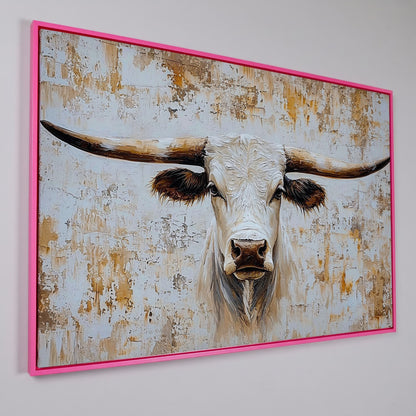 White Longhorn Bull Close-Up Canvas Wall Art in pink floating frame