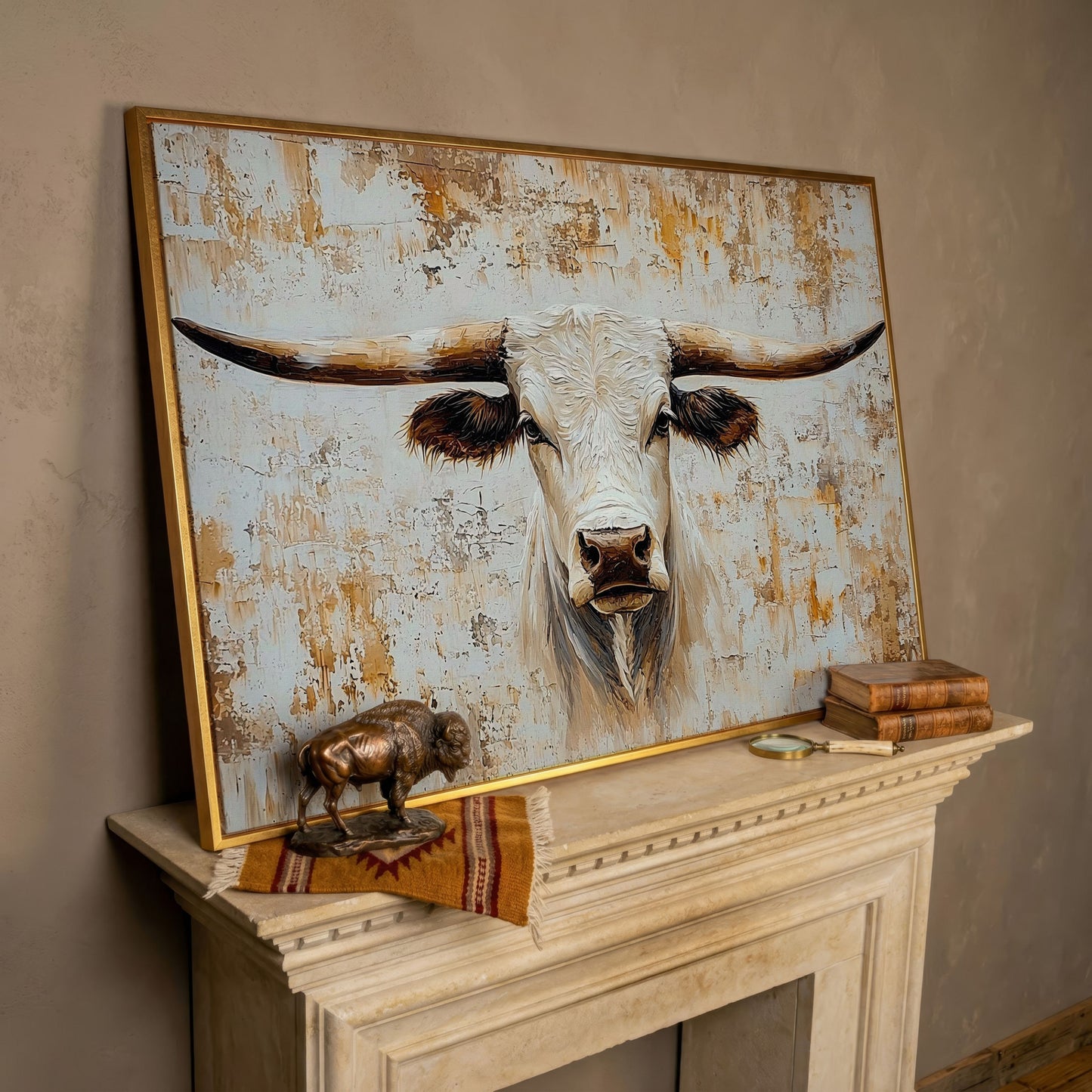 White Longhorn Bull Close-Up Canvas Wall Art in rose gold floating frame