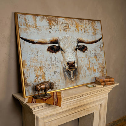 White Longhorn Bull Close-Up Canvas Wall Art in rose gold floating frame