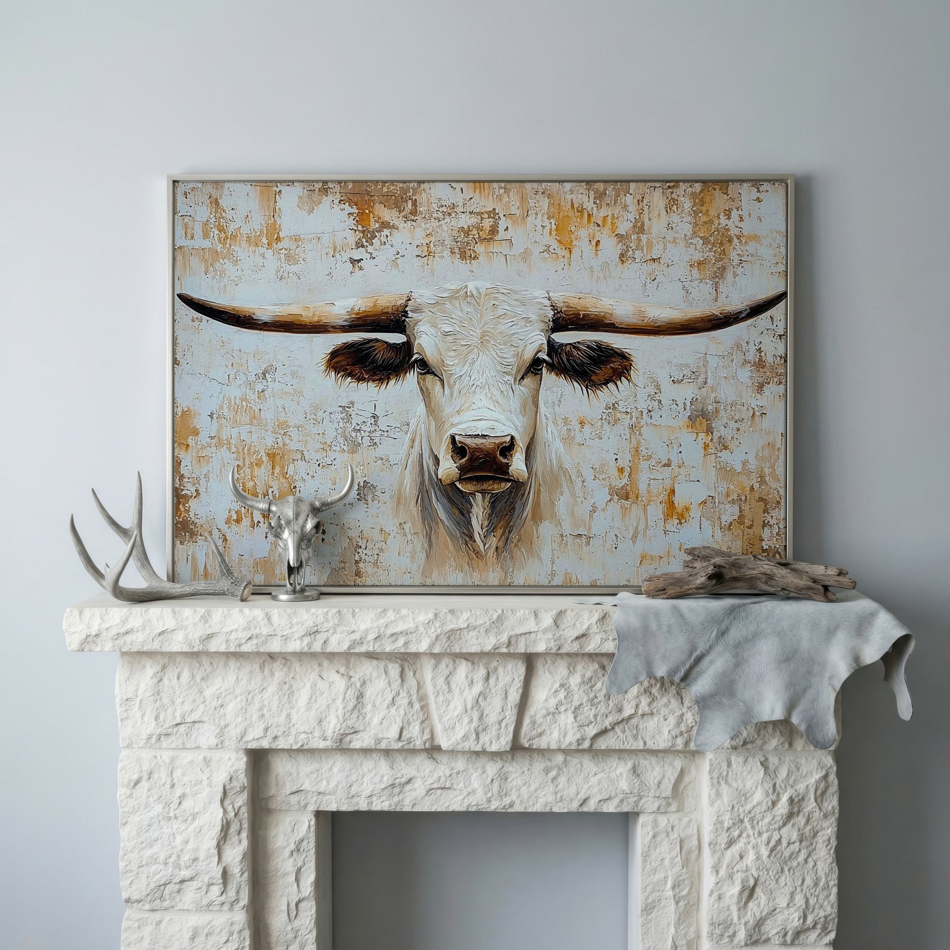White Longhorn Bull Close-Up Canvas Wall Art in silver floating frame