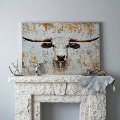 White Longhorn Bull Close-Up Canvas Wall Art in silver floating frame