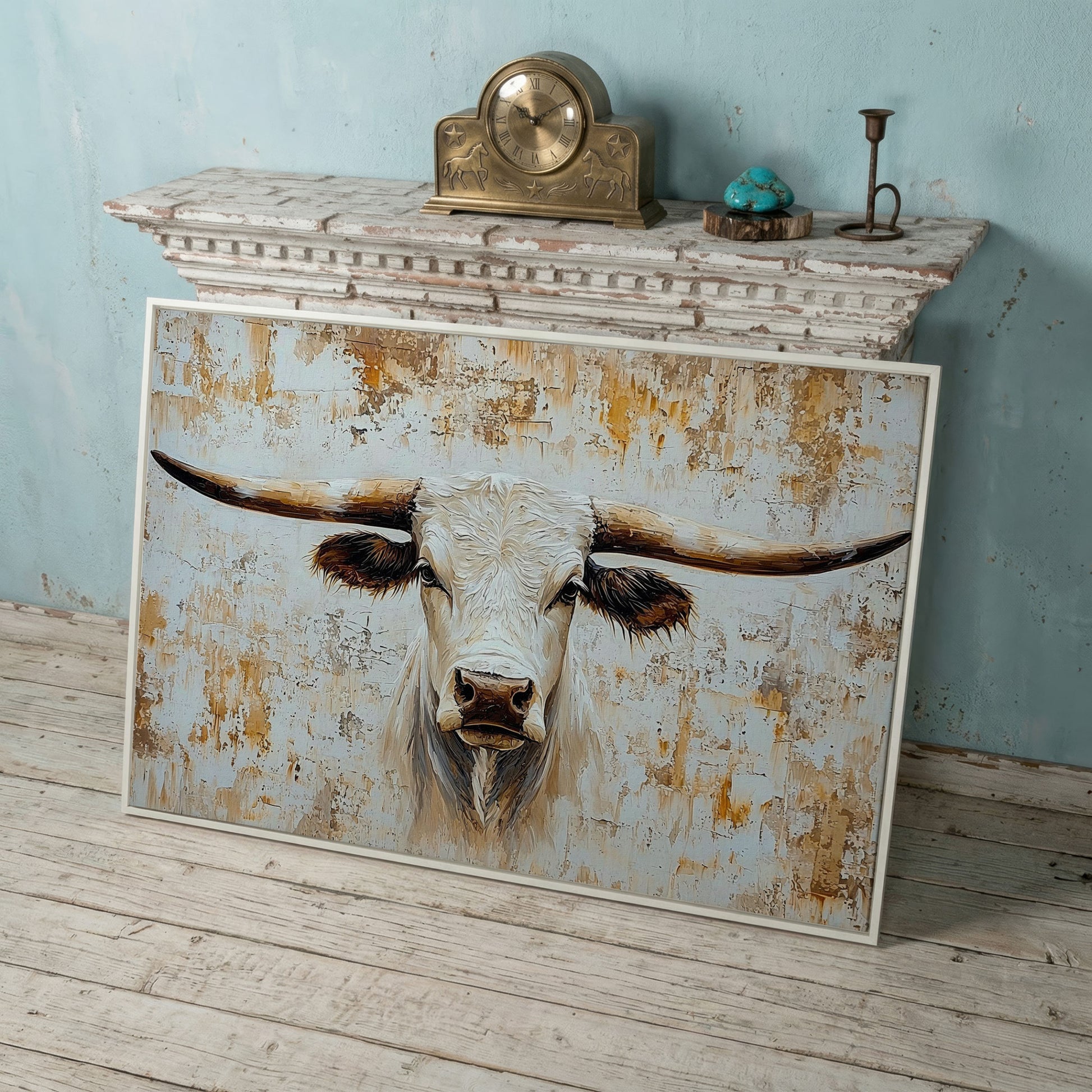 White Longhorn Bull Close-Up Canvas Wall Art in white floating frame