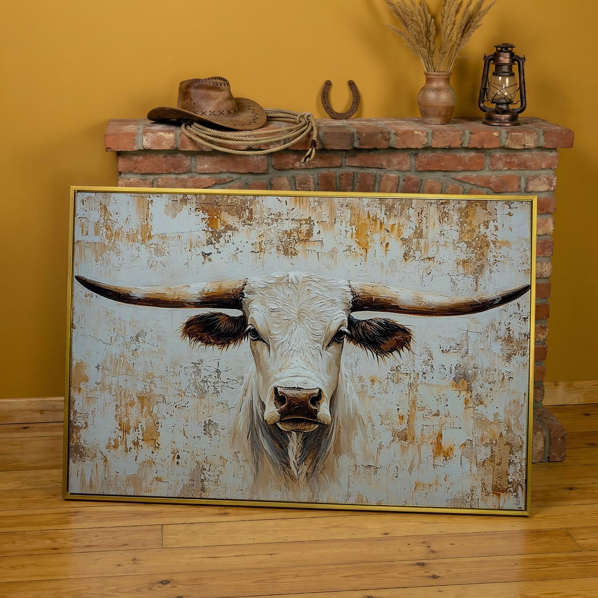 White Longhorn Bull Close-Up Canvas Wall Art in yellow gold floating frame