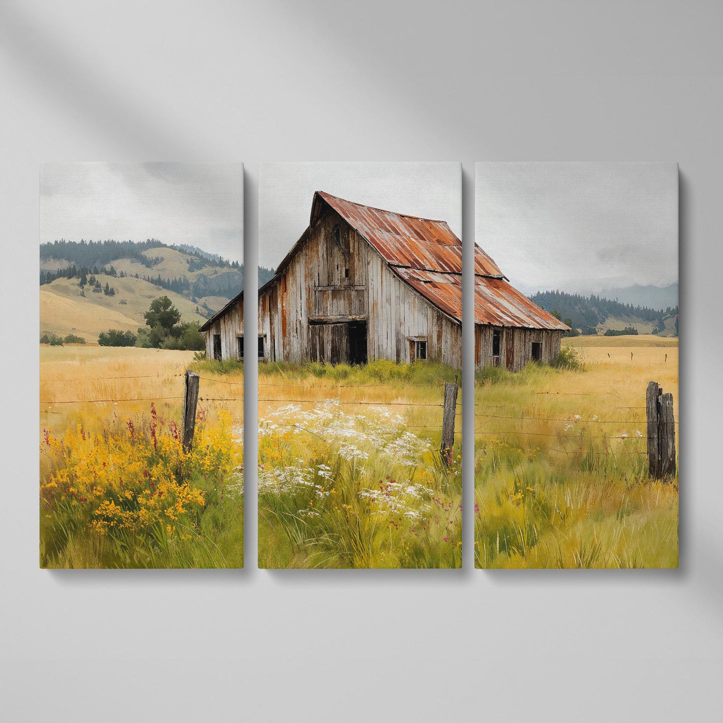 Rustic Barn in a Wildflower Field Canvas Wall Art as 3-panel split version