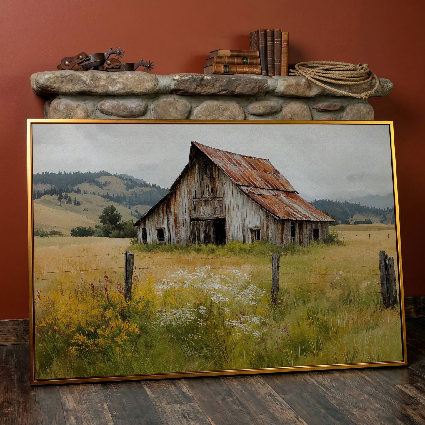 Rustic Barn in a Wildflower Field Canvas Wall Art in antique gold floating frame
