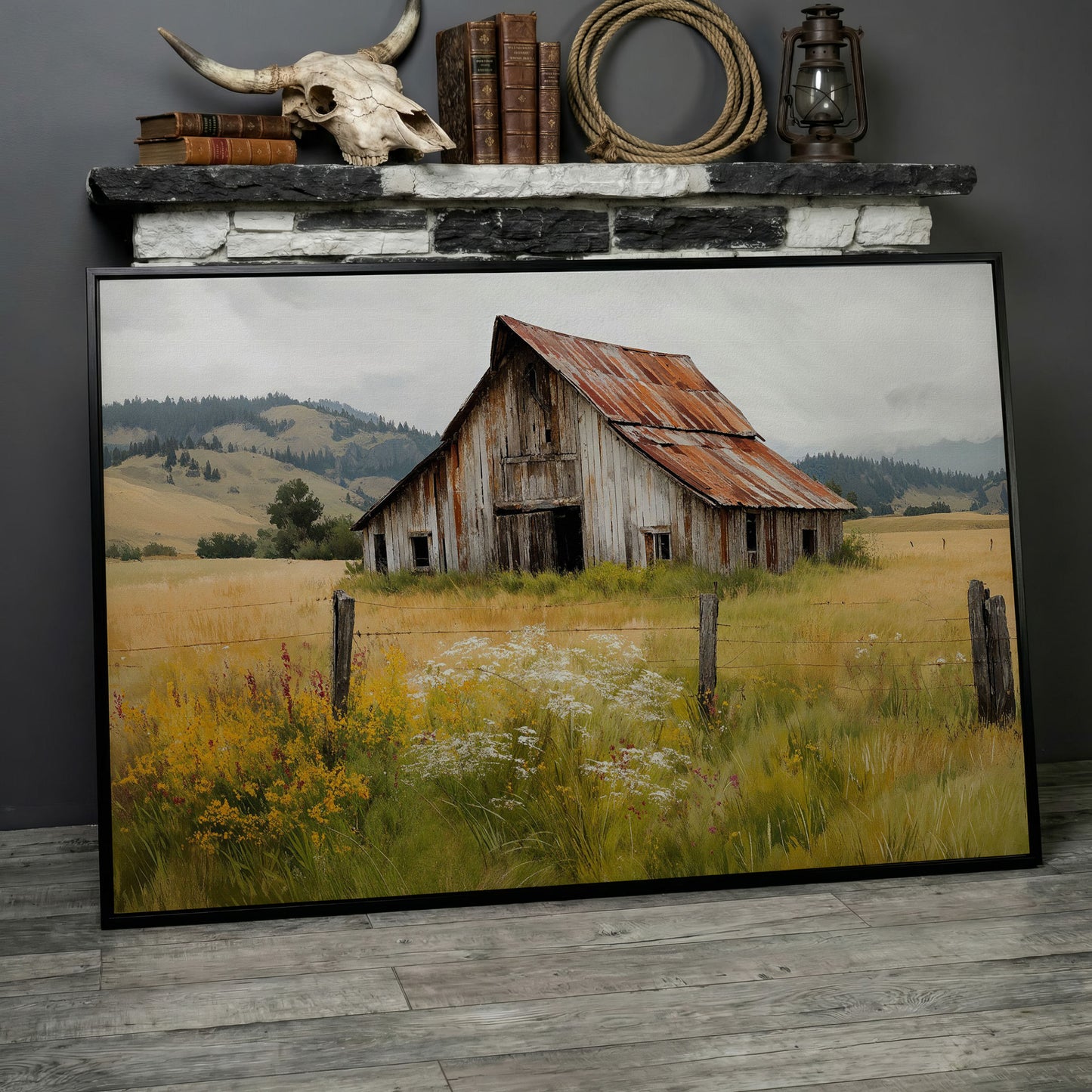 Rustic Barn in a Wildflower Field Canvas Wall Art in black floating frame