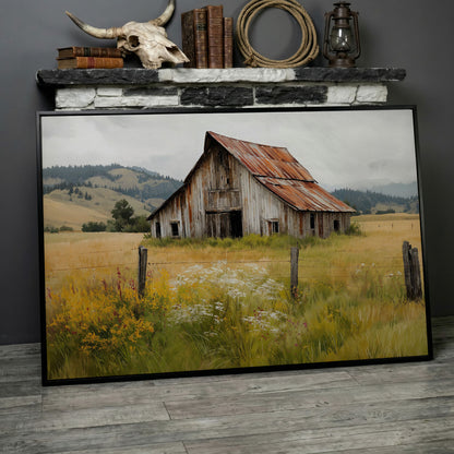 Rustic Barn in a Wildflower Field Canvas Wall Art in black floating frame