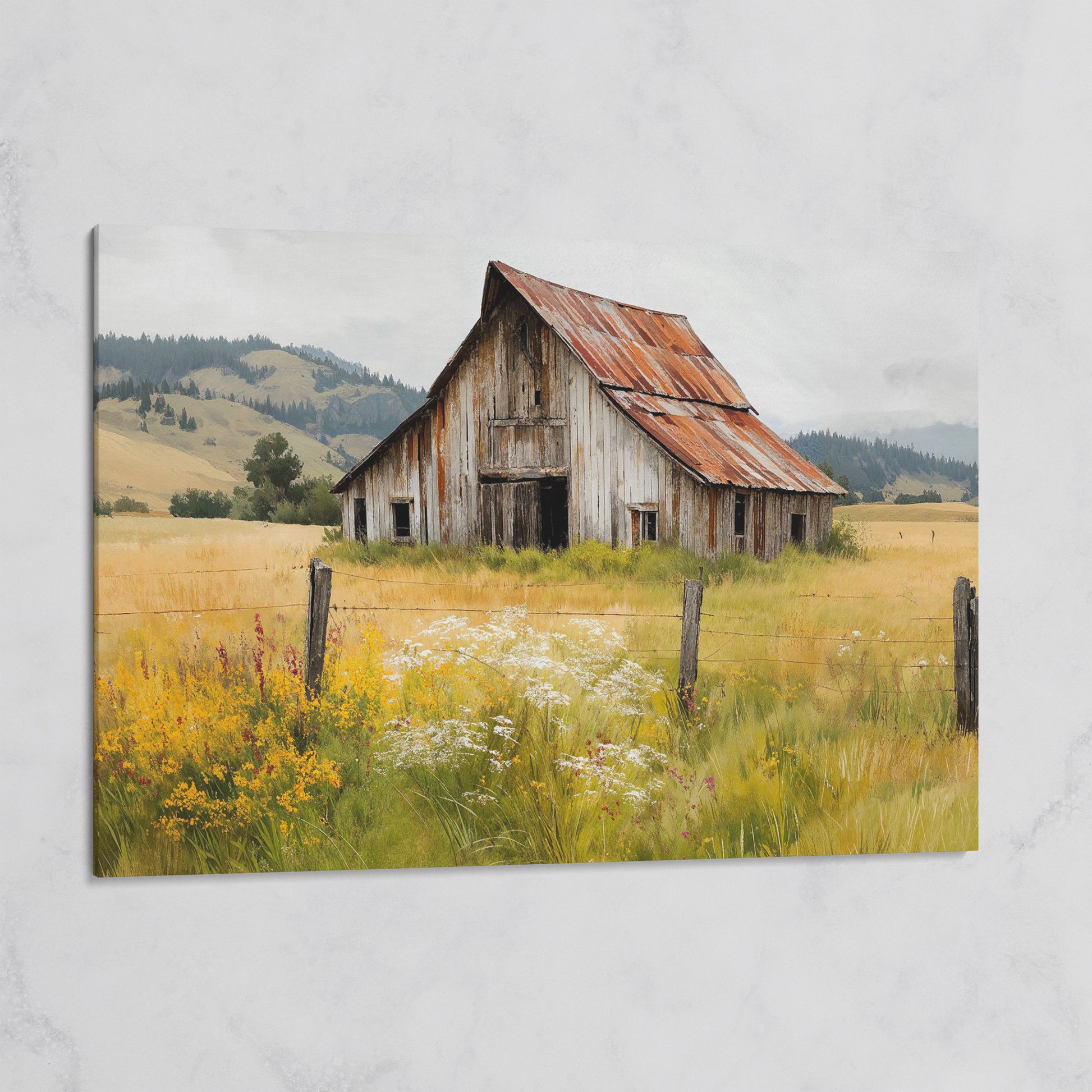 Rustic Barn in a Wildflower Field Canvas Wall Art on gallery wrap