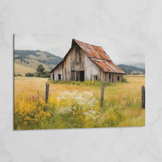 Rustic Barn in a Wildflower Field Canvas Wall Art on gallery wrap