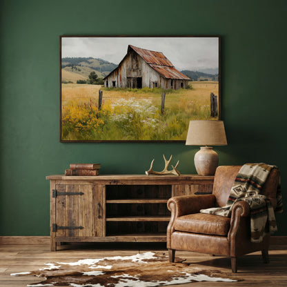 Rustic Barn in a Wildflower Field Canvas Wall Art in dark walnut floating frame