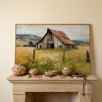 Rustic Barn in a Wildflower Field Canvas Wall Art in white oak floating frame