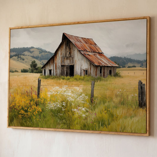 Rustic Barn in a Wildflower Field Canvas Wall Art shown in white oak floating frame