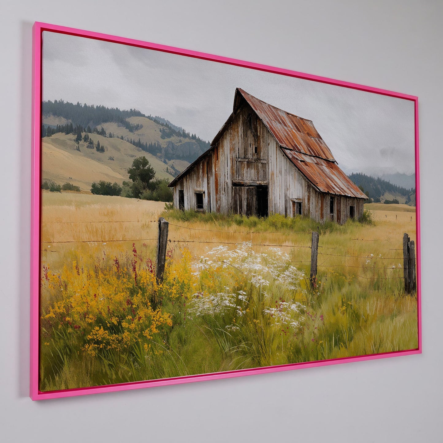 Rustic Barn in a Wildflower Field Canvas Wall Art in pink floating frame