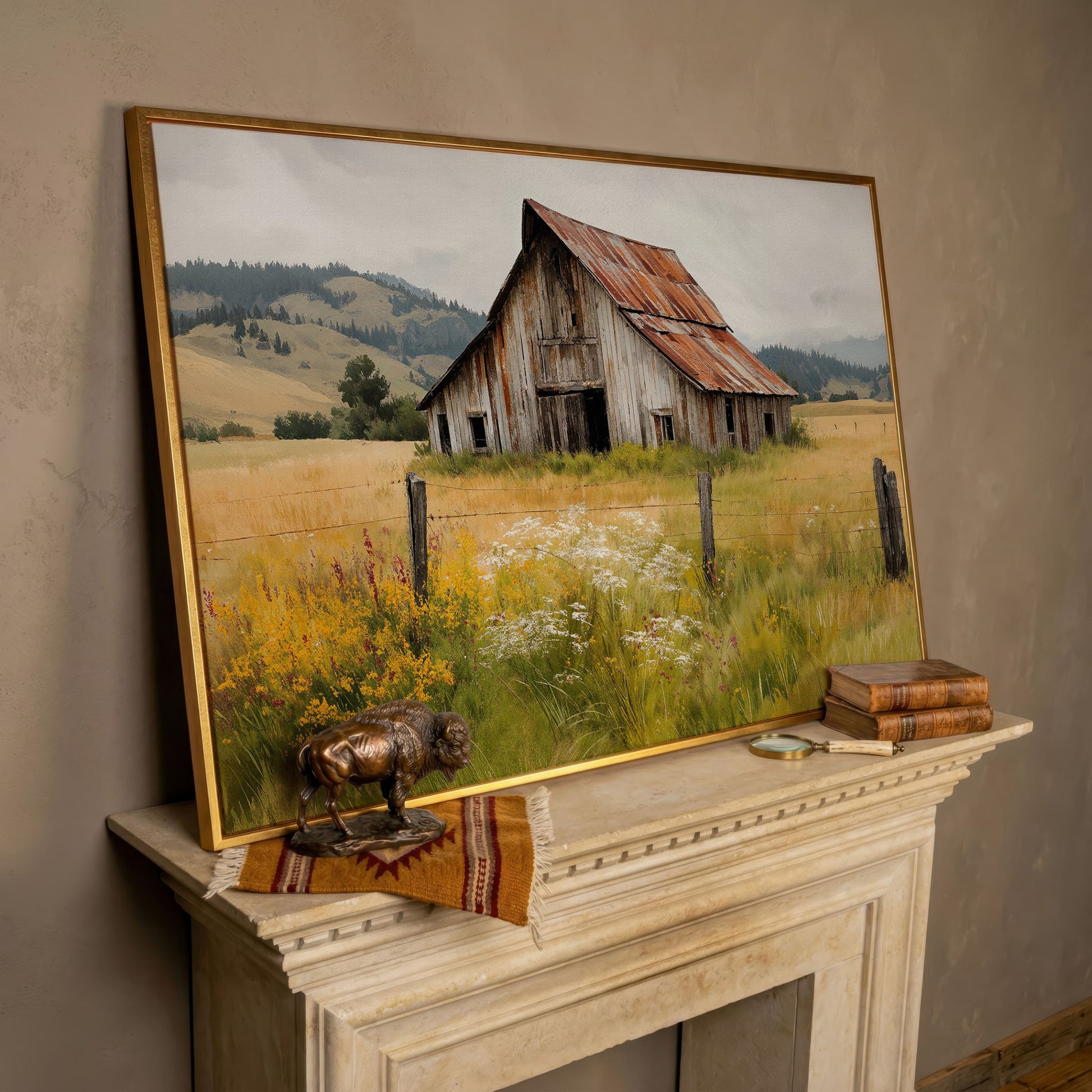 Rustic Barn in a Wildflower Field Canvas Wall Art in rose gold floating frame