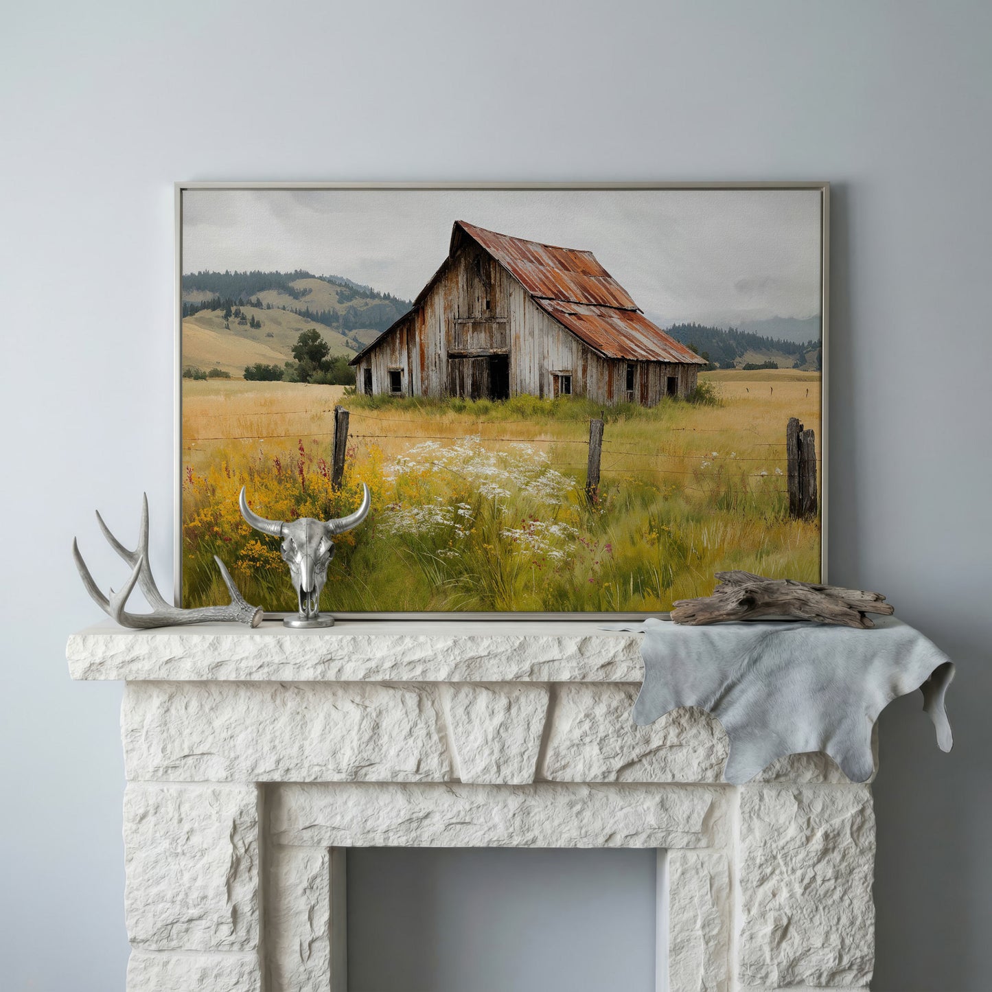 Rustic Barn in a Wildflower Field Canvas Wall Art in silver floating frame