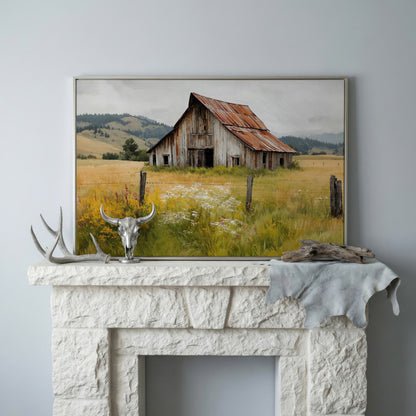 Rustic Barn in a Wildflower Field Canvas Wall Art in silver floating frame