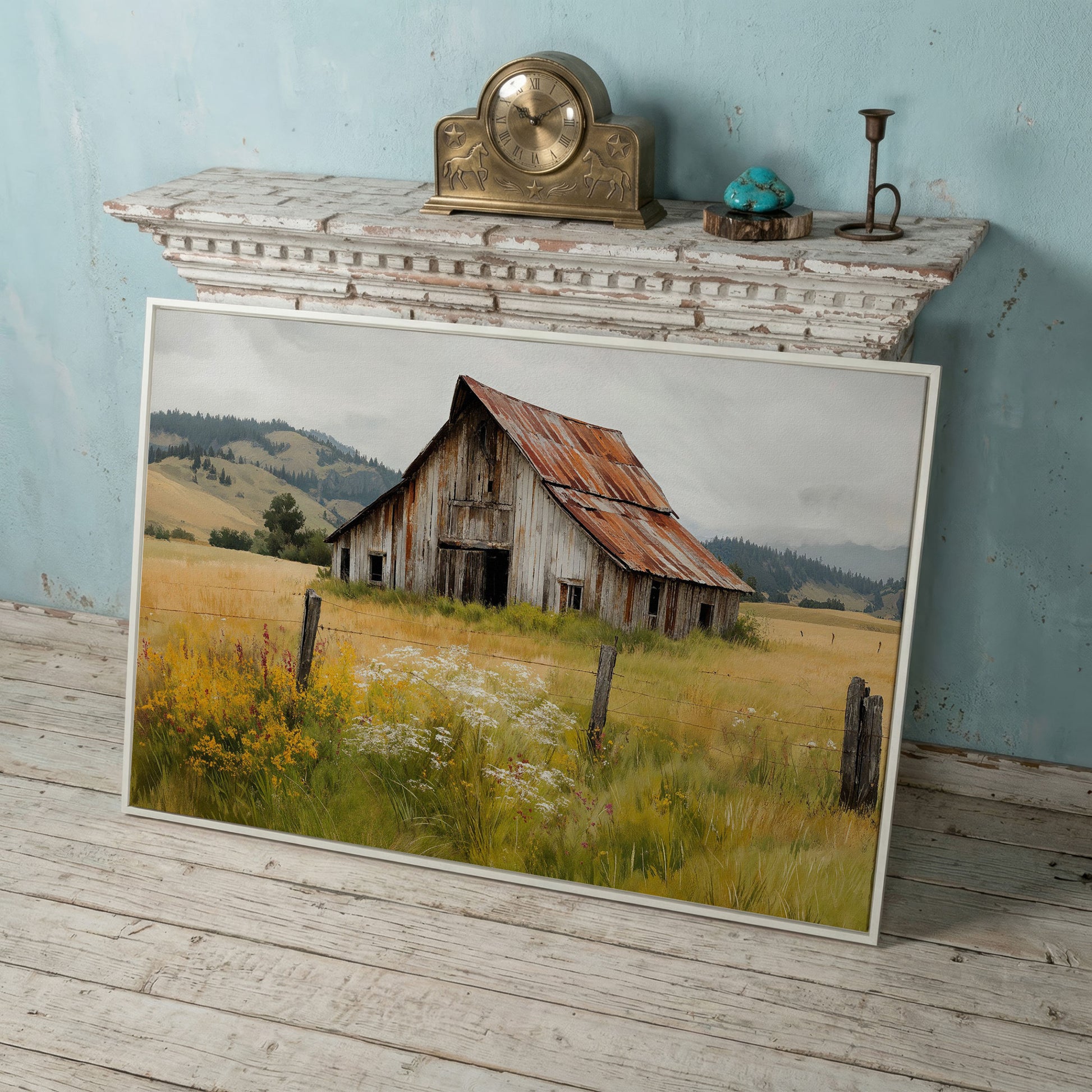 Rustic Barn in a Wildflower Field Canvas Wall Art in white floating frame