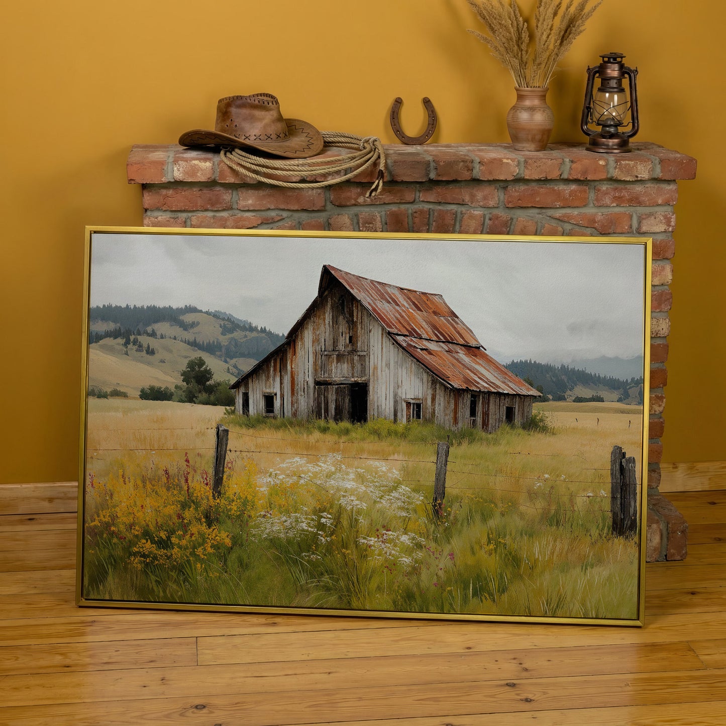 Rustic Barn in a Wildflower Field Canvas Wall Art in yellow gold floating frame