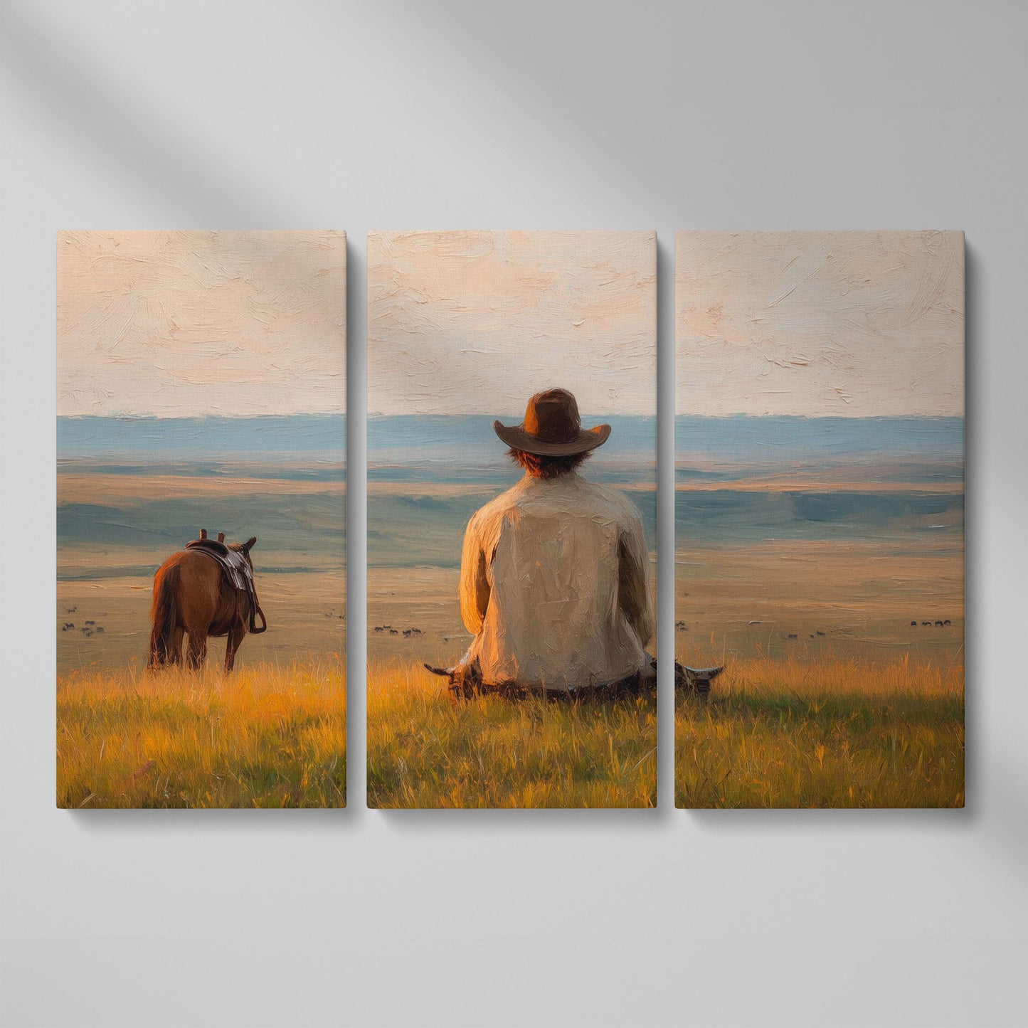 Cowboy on a Hilltop with Horse and Cattle Canvas Wall Art as 3-panel split version