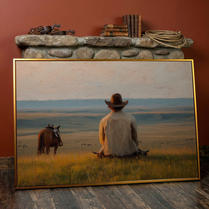 Cowboy on a Hilltop with Horse and Cattle Canvas Wall Art in antique gold floating frame