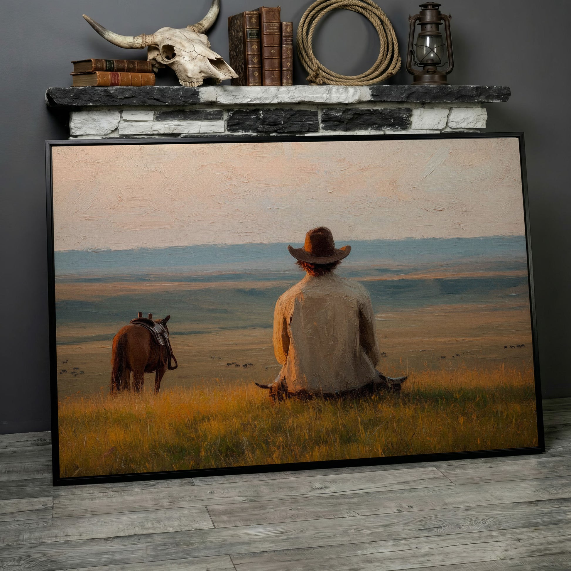 Cowboy on a Hilltop with Horse and Cattle Canvas Wall Art in black floating frame
