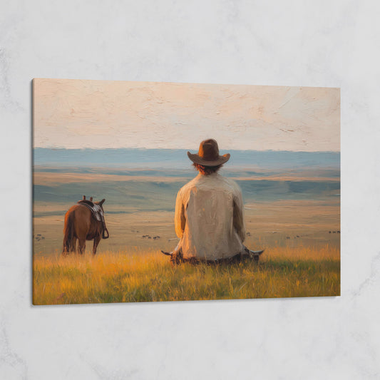 Cowboy on a Hilltop with Horse and Cattle Canvas Wall Art on gallery wrap