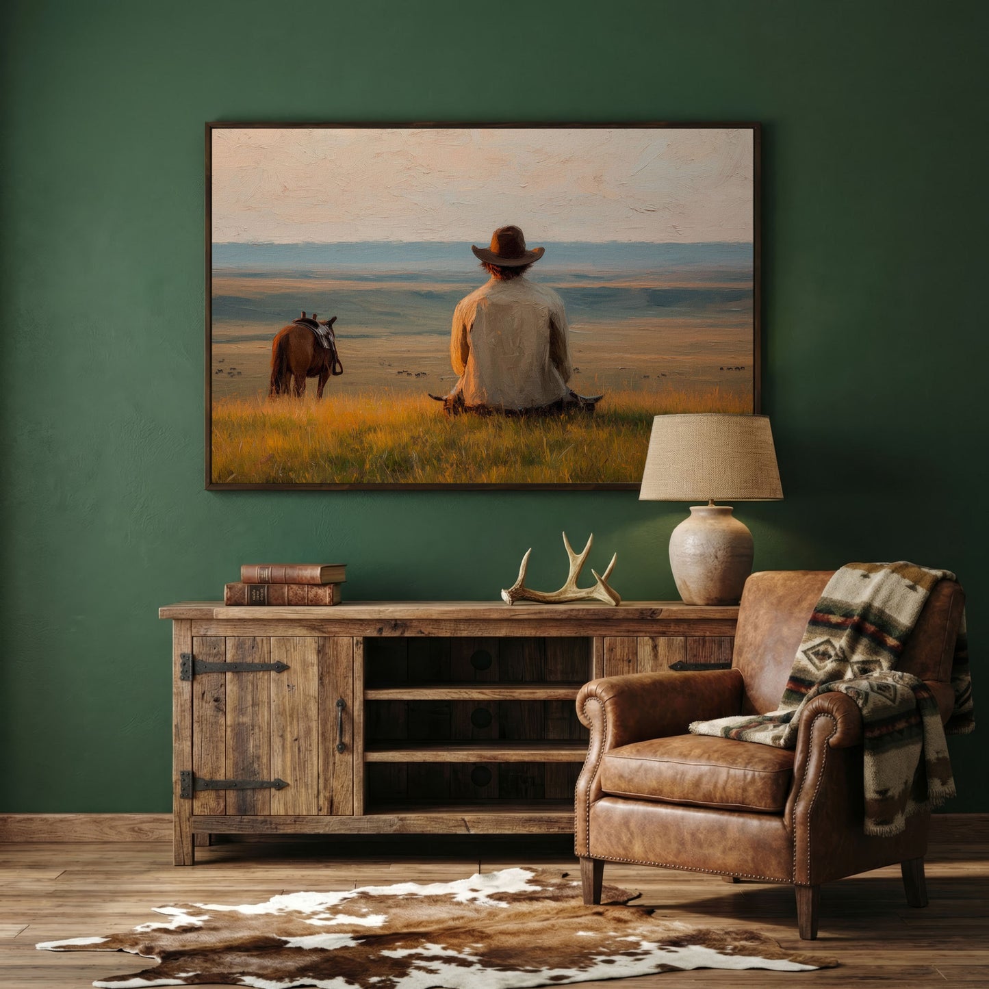 Cowboy on a Hilltop with Horse and Cattle Canvas Wall Art in dark walnut floating frame
