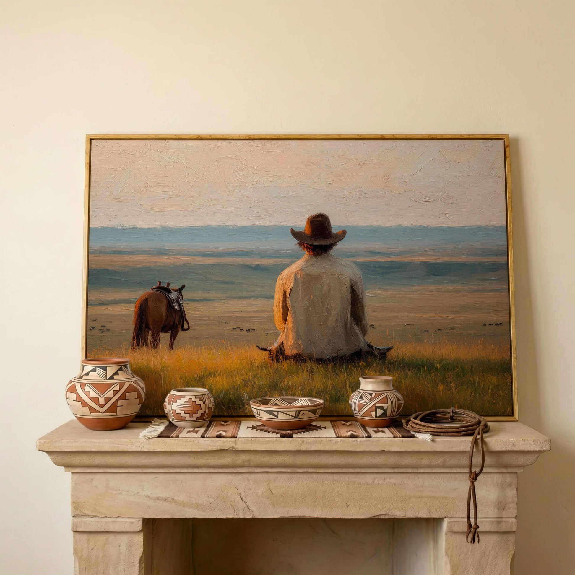 Cowboy on a Hilltop with Horse and Cattle Canvas Wall Art in white oak floating frame
