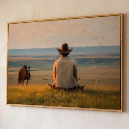 Cowboy on a Hilltop with Horse and Cattle Canvas Wall Art shown in white oak floating frame