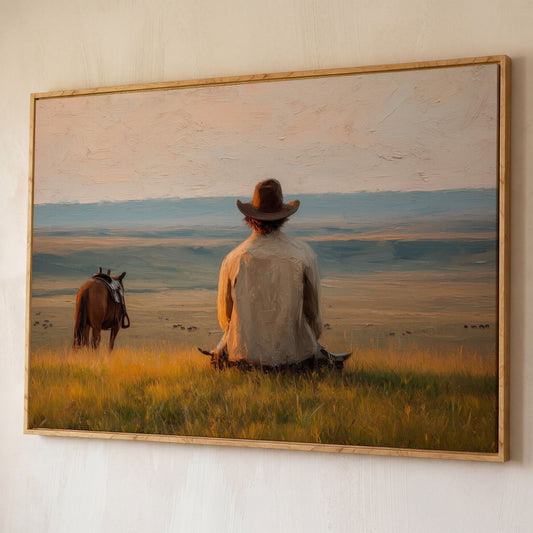 Cowboy on a Hilltop with Horse and Cattle Canvas Wall Art shown in white oak floating frame