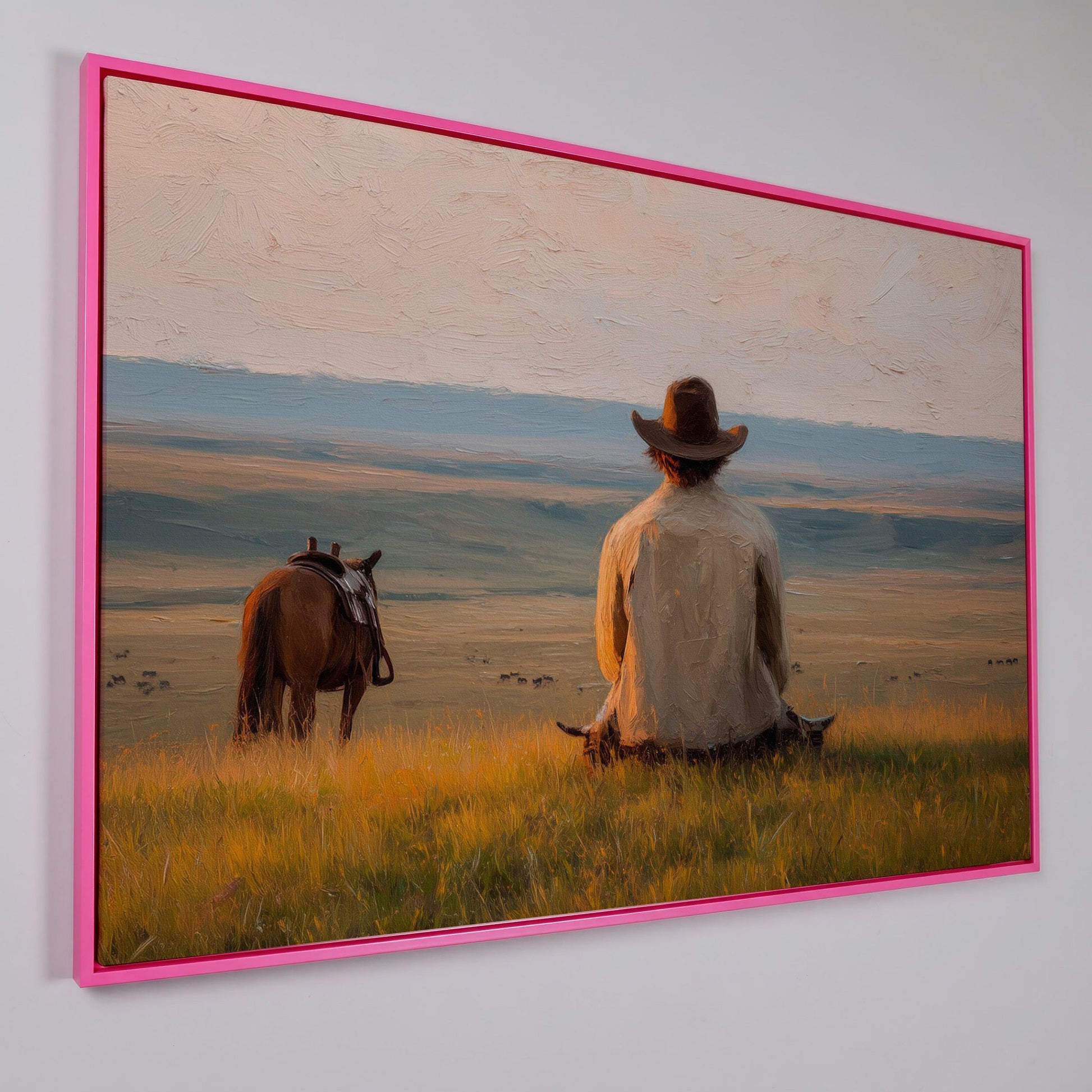 Cowboy on a Hilltop with Horse and Cattle Canvas Wall Art in pink floating frame