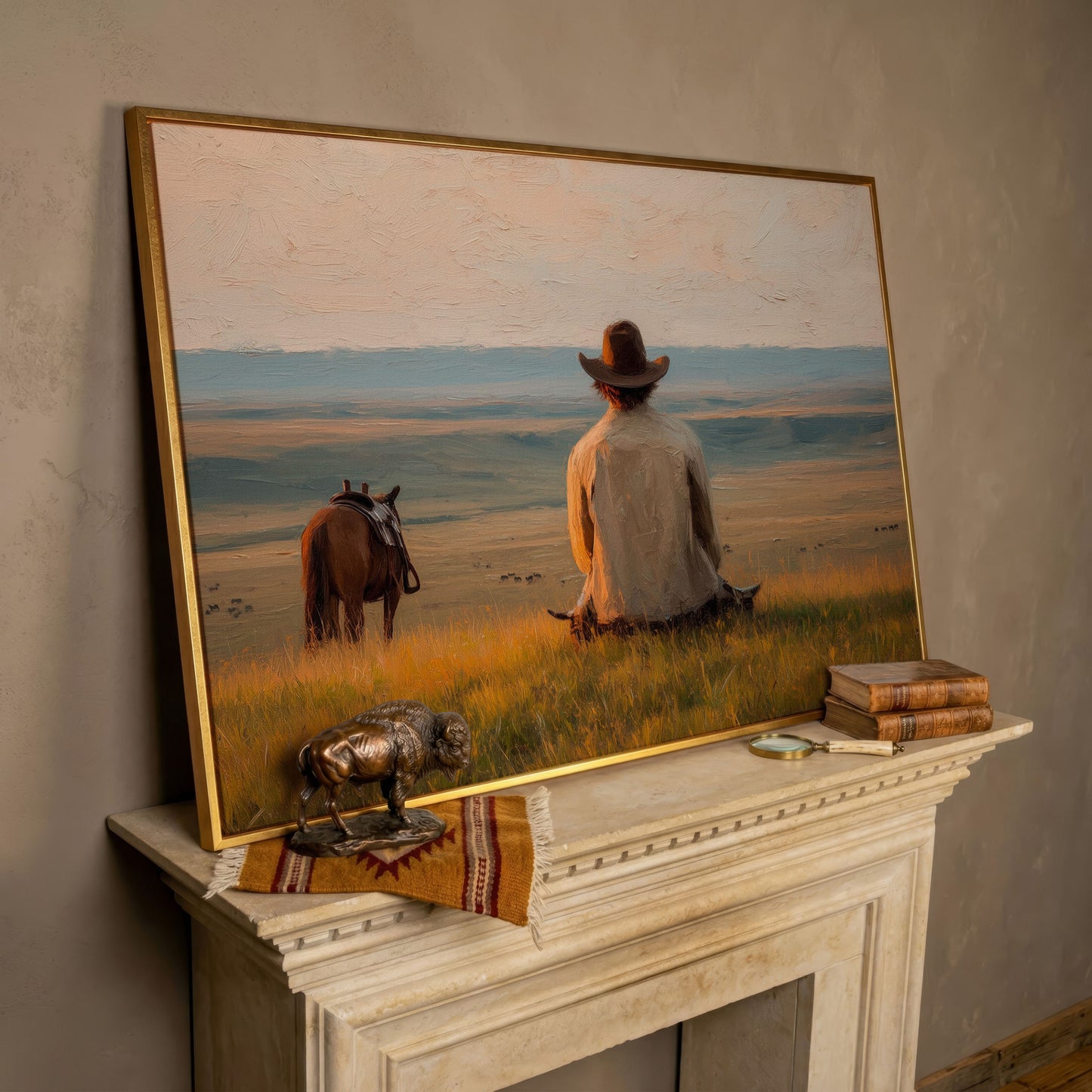 Cowboy on a Hilltop with Horse and Cattle Canvas Wall Art in rose gold floating frame