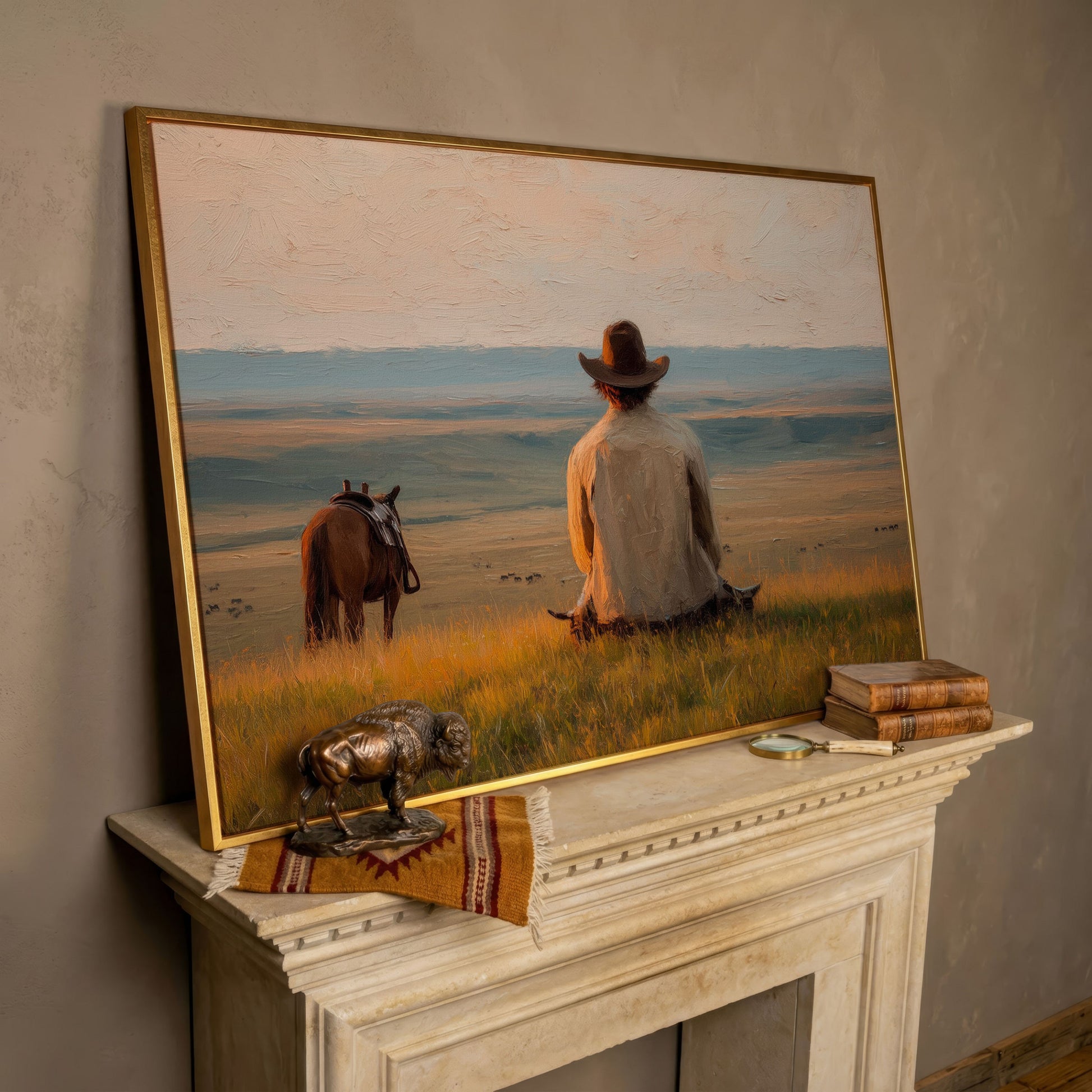 Cowboy on a Hilltop with Horse and Cattle Canvas Wall Art in rose gold floating frame