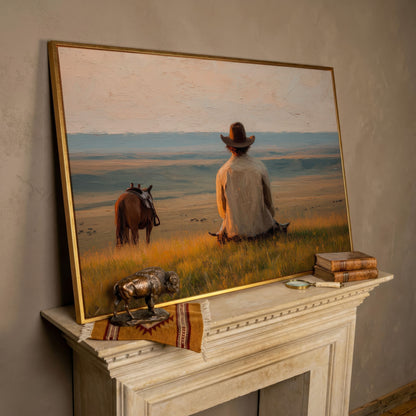 Cowboy on a Hilltop with Horse and Cattle Canvas Wall Art in rose gold floating frame