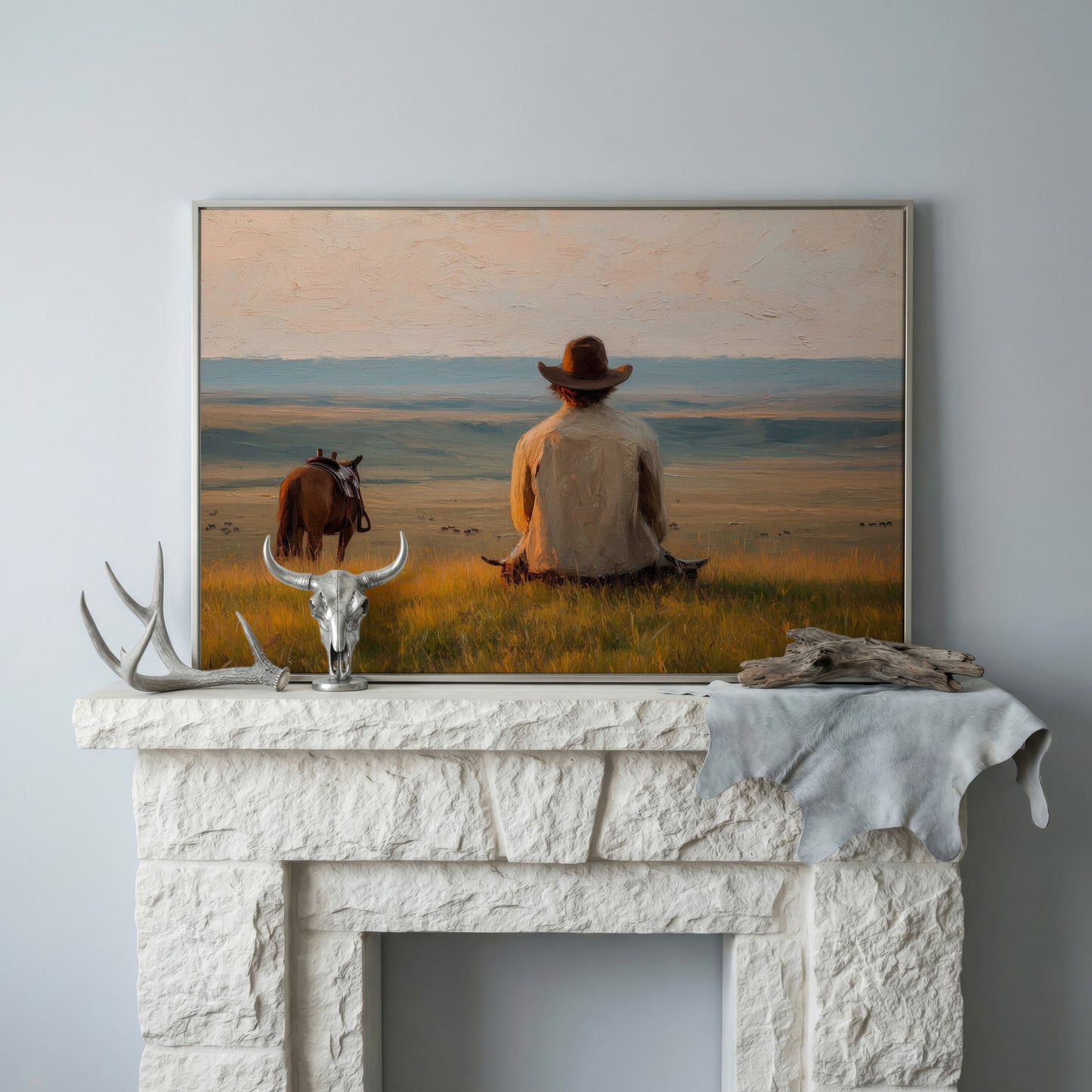 Cowboy on a Hilltop with Horse and Cattle Canvas Wall Art in silver floating frame