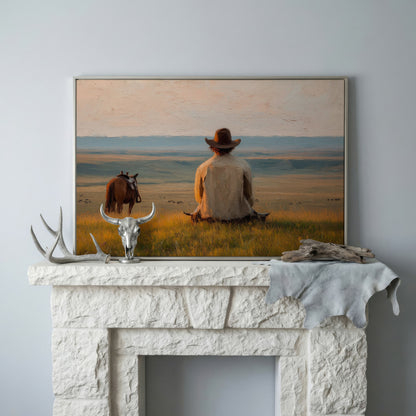 Cowboy on a Hilltop with Horse and Cattle Canvas Wall Art in silver floating frame