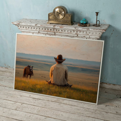 Cowboy on a Hilltop with Horse and Cattle Canvas Wall Art in white floating frame
