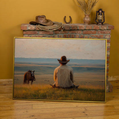Cowboy on a Hilltop with Horse and Cattle Canvas Wall Art in yellow gold floating frame