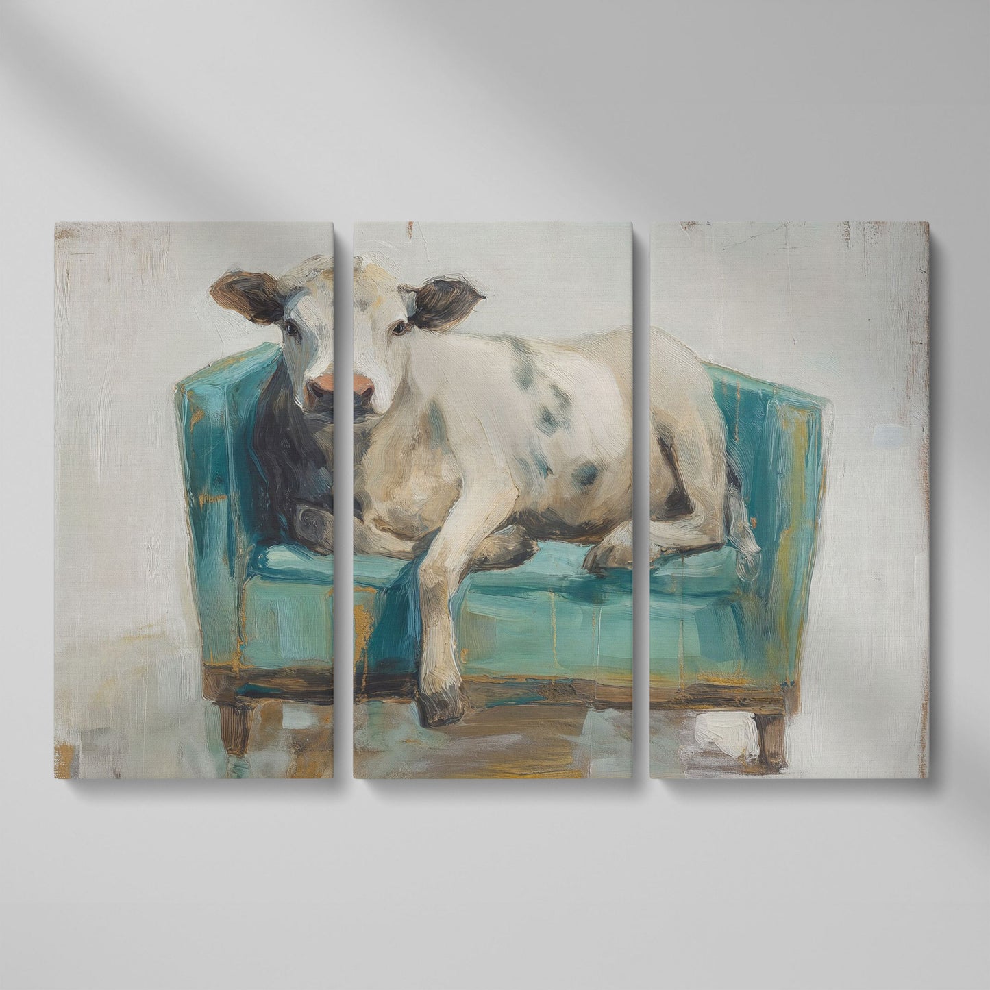 Holy Cow in an Armchair: Whimsical Animal Canvas Wall Art as 3-panel split version