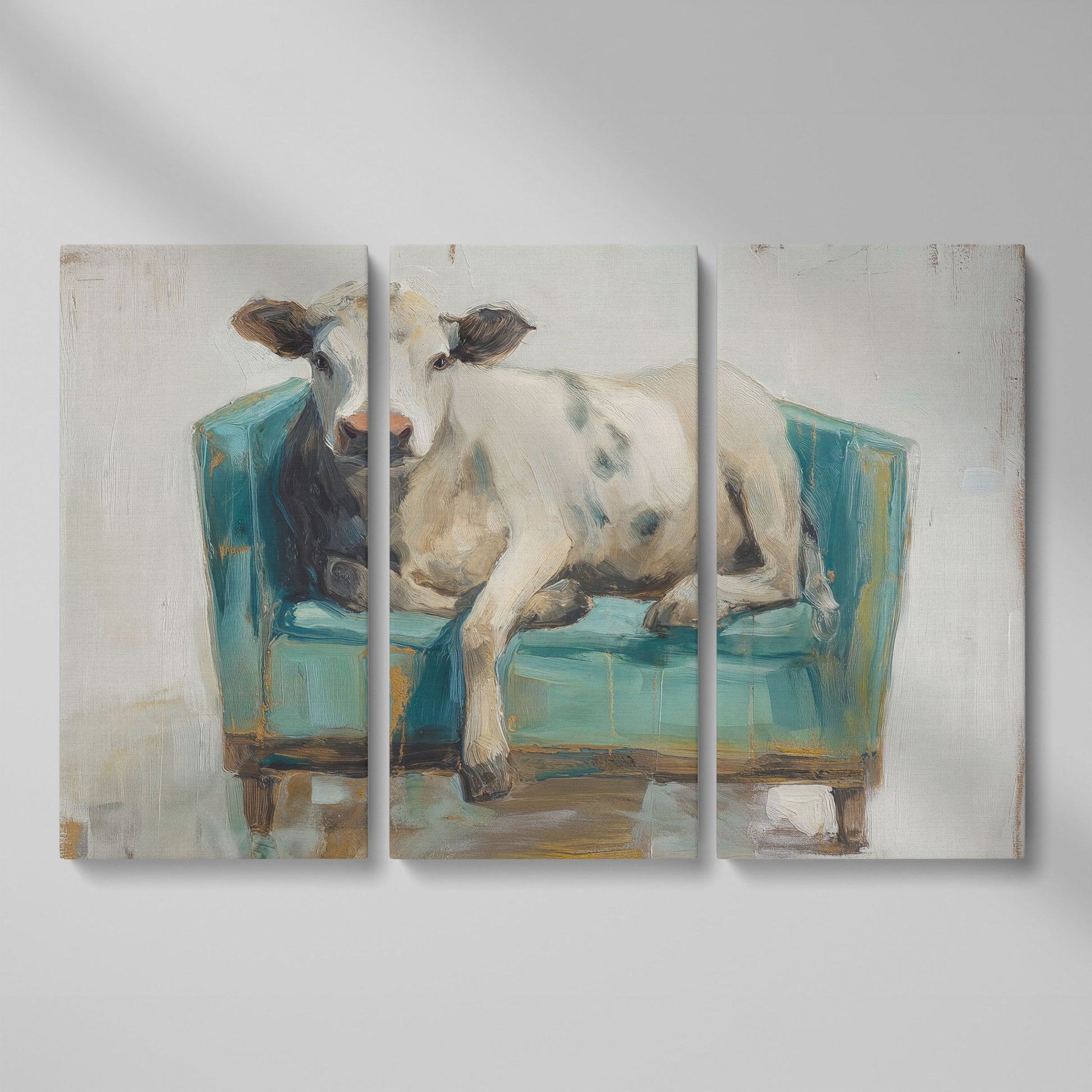 Holy Cow in an Armchair: Whimsical Animal Canvas Wall Art as 3-panel split version