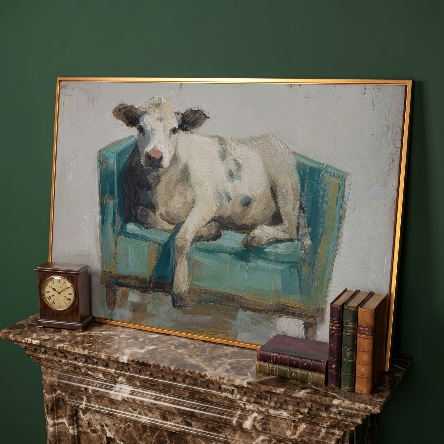 Holy Cow in an Armchair: Whimsical Animal Canvas Wall Art in antique gold floating frame