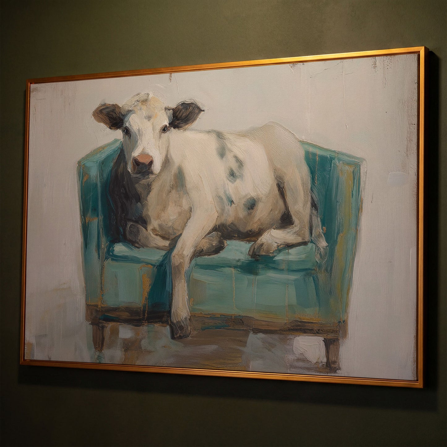 Holy Cow in an Armchair: Whimsical Animal Canvas Wall Art shown in antique gold floating frame