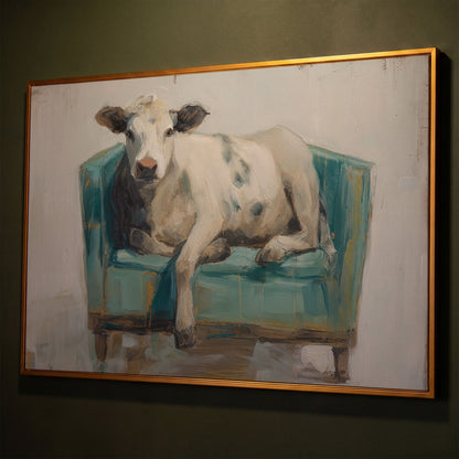 Holy Cow in an Armchair: Whimsical Animal Canvas Wall Art shown in antique gold floating frame