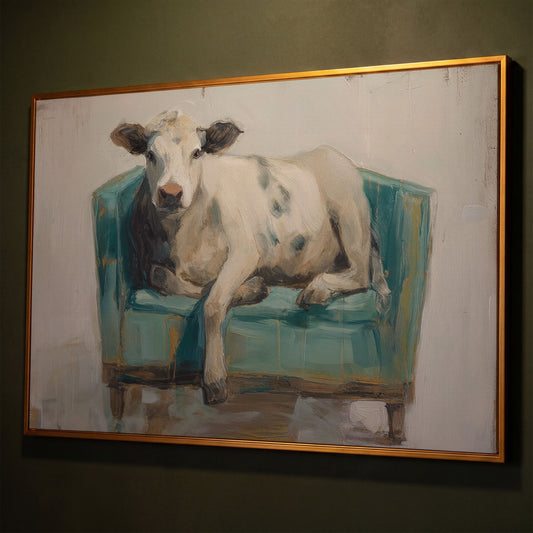 Holy Cow in an Armchair: Whimsical Animal Canvas Wall Art shown in antique gold floating frame