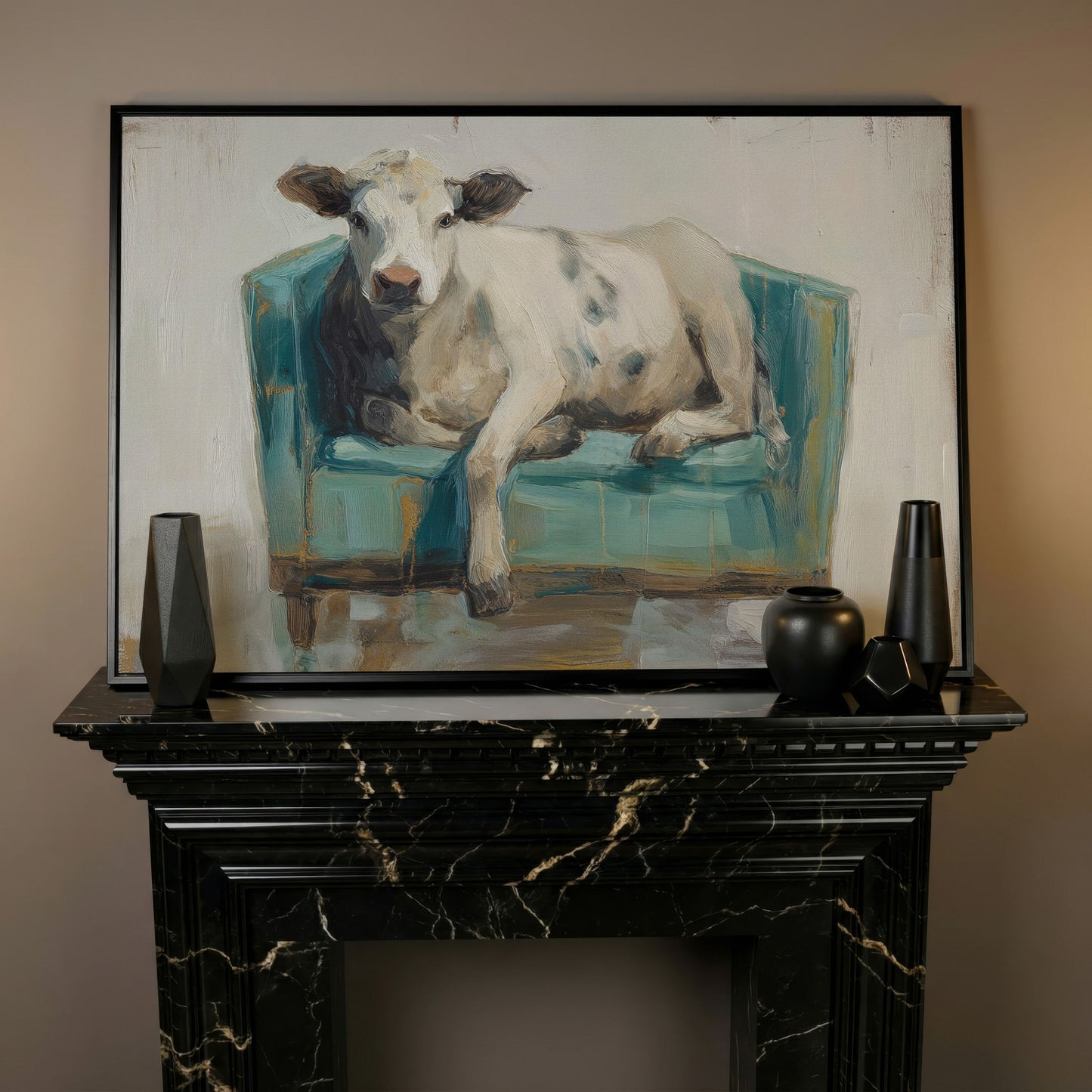 Holy Cow in an Armchair: Whimsical Animal Canvas Wall Art in black floating frame