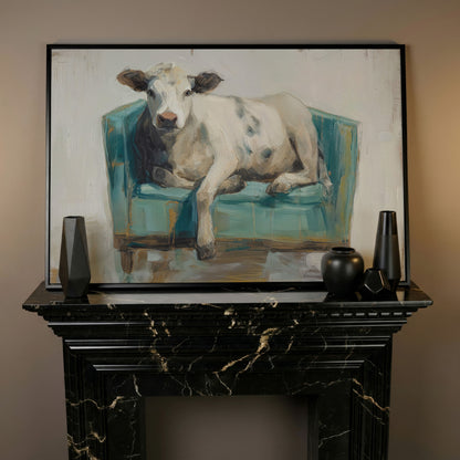Holy Cow in an Armchair: Whimsical Animal Canvas Wall Art in black floating frame