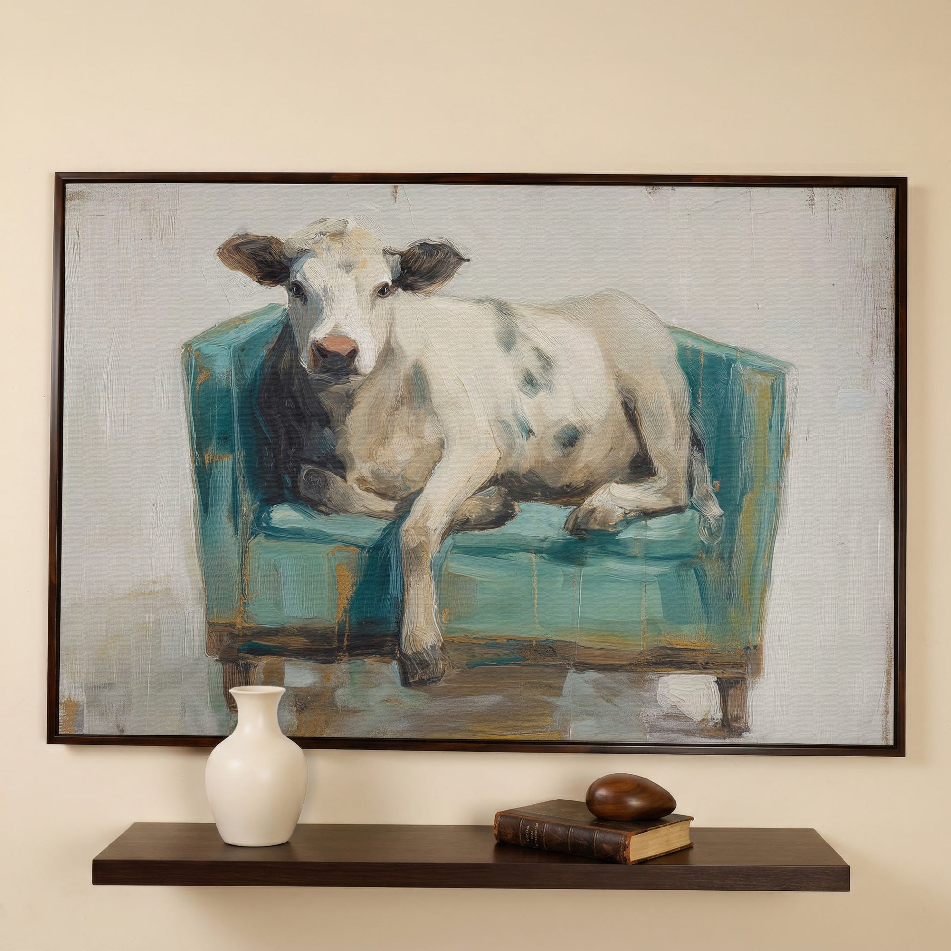 Holy Cow in an Armchair: Whimsical Animal Canvas Wall Art in dark walnut floating frame