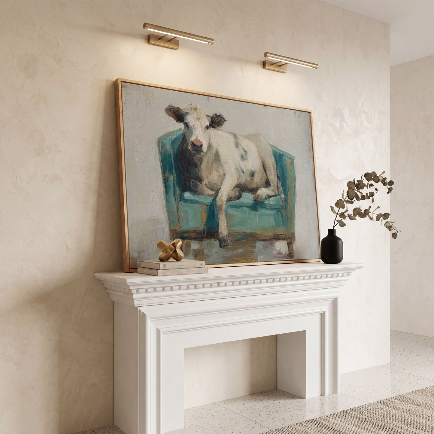 Holy Cow in an Armchair: Whimsical Animal Canvas Wall Art in white oak floating frame