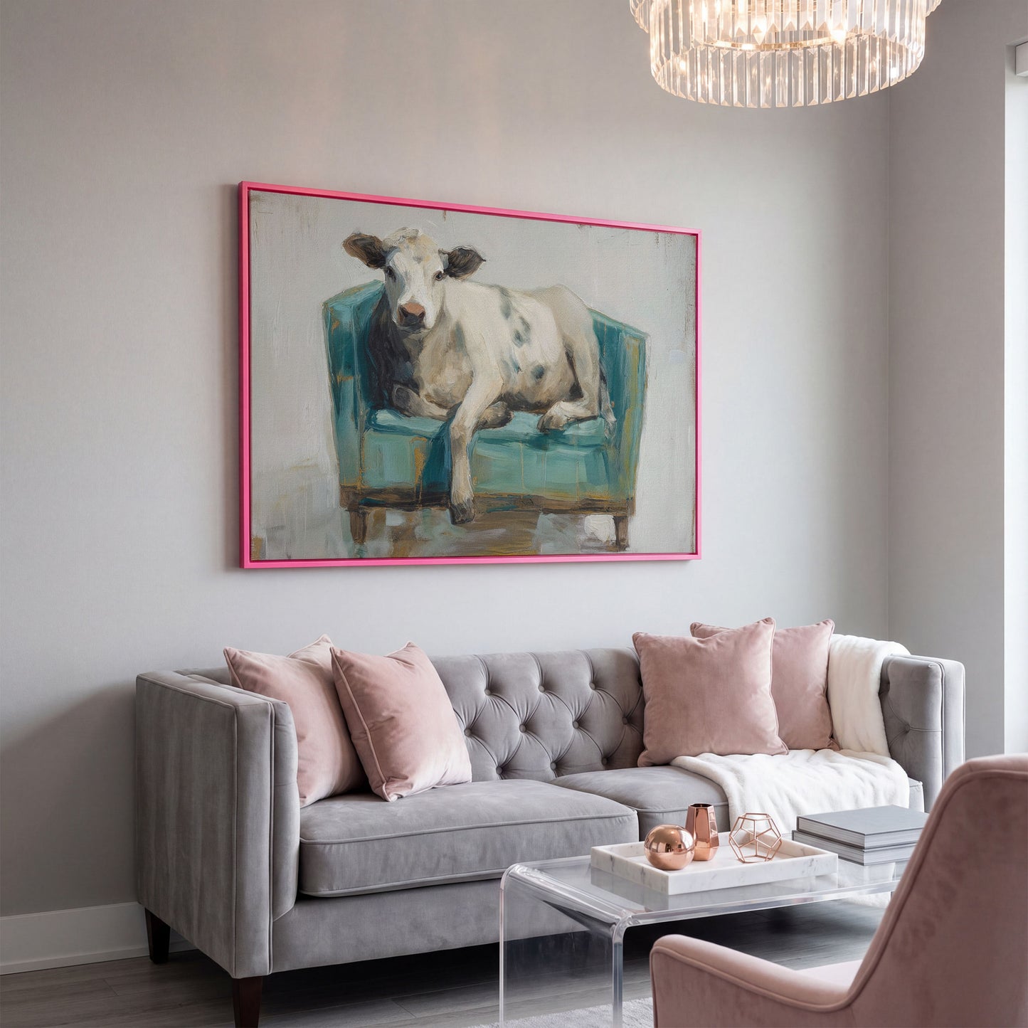 Holy Cow in an Armchair: Whimsical Animal Canvas Wall Art in pink floating frame